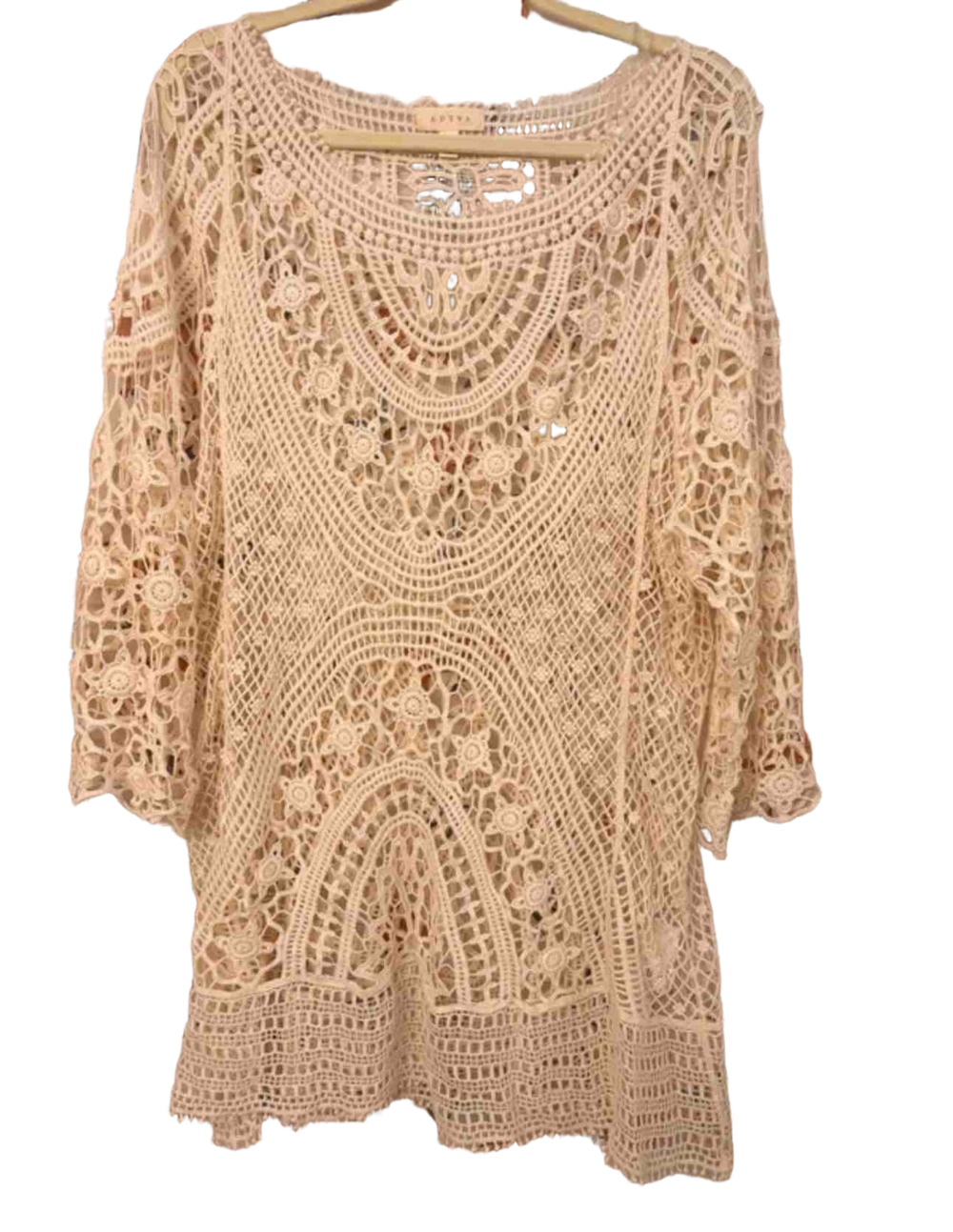 Adiva Cream Crochet Long Sleeve Beach Cover-Up Tunic Top